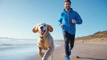 A joyful man jogging on the beach with his happy dog under a clear blue sky, showcasing a perfect moment of companionship.