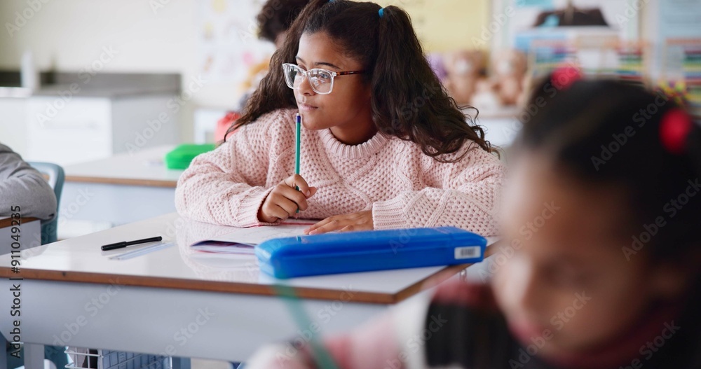 Aufkleber Girl, child and thinking with notebook in classroom with learning, problem solving and assessment. Kid, paper and education with scholarship, ideas and solution for test with development at school