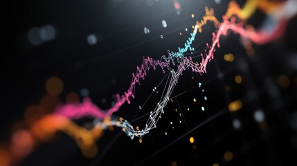 Dynamic Abstract Financial Graph with Colorful Data Points on Black Background