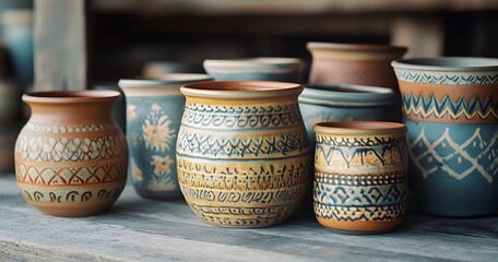 Colorful handmade ceramic pots with intricate designs and textures arranged on an old wooden table in the studio, showcasing their unique patterns and colors.