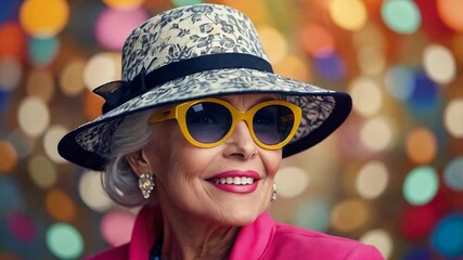 cheerful stylish elderly woman on color background

