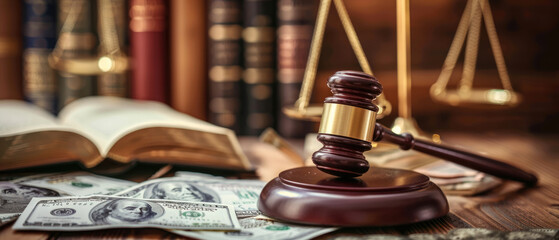 A gavel, scales of justice and law books on the table with cash in front of them, symbolizing a professional lawyer working hard to make money