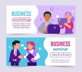 Fototapeta premium Hand drawn flat business scenes horizontal banner template set collection