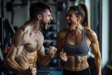 Naklejka premium Muscular Couple Shouting in Celebration After Workout