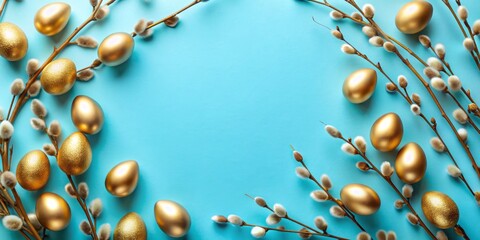 Fototapeta premium Delicate golden Easter eggs and wispy willow twigs form an elegant frame on a bright blue background, symbolizing spring's arrival, with ample space for text or messaging.