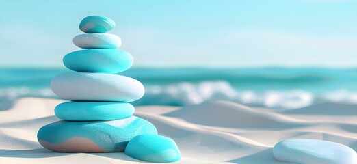 Stack of Blue Stones on a White Sandy Beach