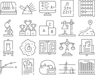 Education Science Collection Icons Set Vector. Chemistry And Physics, Sport And Literature, Music And Art, Biology And Mathematics Education Black Contour Illustrations