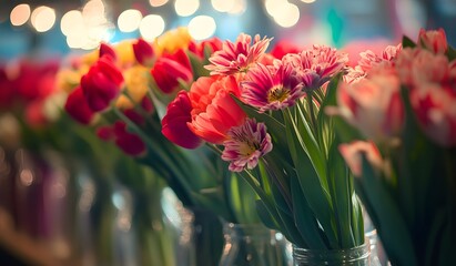 Vases with colorful flowers in a row on a shelf at a flower shop, with bokeh lights in the background. A close up photo of vases full of red and pink tulips,