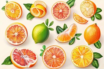Obraz premium Digital citrus fruits illustration, including lemons, limes, and oranges.