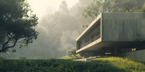 Modern Concrete House in Foggy Forest Illustration