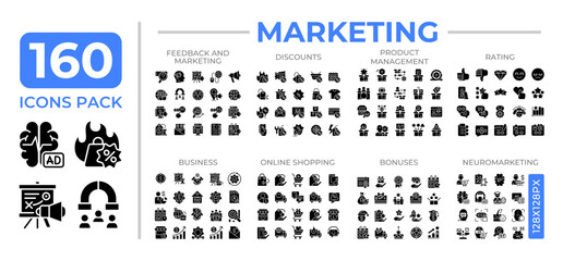 Digital marketing glyphs icon set collection. Online shopping discounts. Business product management mega pack of black solid symbols, pixel perfect. Isolated vector illustrations. Editable stroke