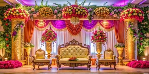 Fototapeta premium Vibrant Indian wedding stage adorned with fresh flowers, ornate coverings, and traditional decorative elements, creating a majestic setting for a luxurious wedding celebration.