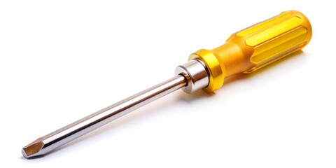 A bright yellow-handled screwdriver with a metallic shaft and precision tip lies isolated on a clean white background, ready for DIY tasks and projects.