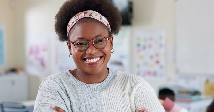 Happy, teacher and portrait of black woman in classroom with confidence in education career. Smile, pride and African female tutor with job in childhood development with face at school academy.