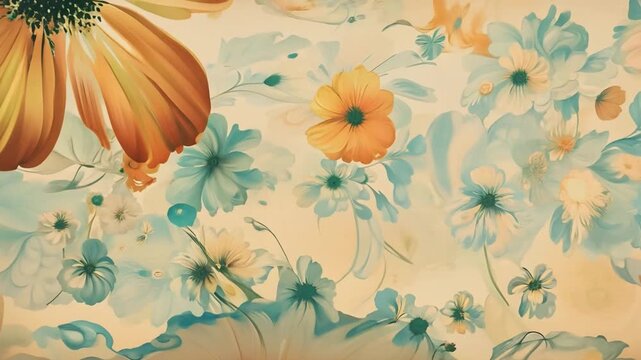 This vibrant display of blue and yellow flowers scattered across a cream backdrop.