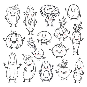 set of cartoon vegetables isolated on white. Funny vegetable. Doodle. Cute character. Food vector illustration
