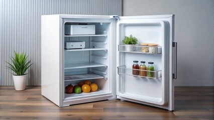 Compact standalone mini refrigerator with separate freezer compartment stands on the floor, empty and ready for use, ideal for small kitchens or offices.
