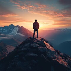 Man on Mountaintop at Sunrise, Looking at Horizon