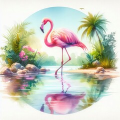 illustration of a pink flamingo in the lake
