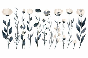 Naklejka premium Monochrome floral illustrations, featuring various detailed flowers and plants in a minimalistic style.