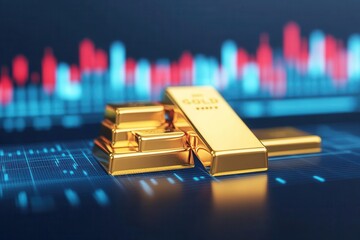 Close-up of gold bars on a financial chart background, symbolizing wealth and investment opportunities in the gold market.