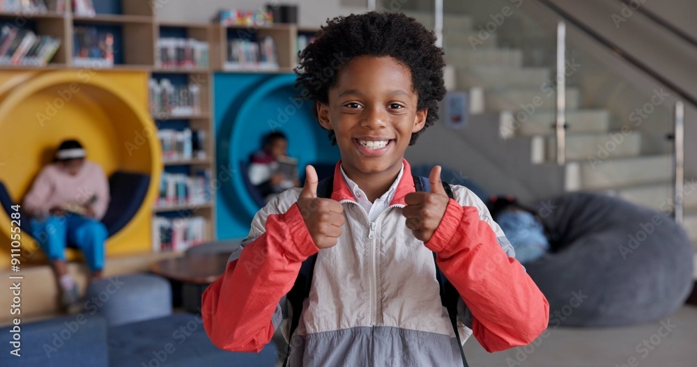 Aufkleber portrait, boy and smile with backpack, thumbs up and happy for education in library and joy for lear