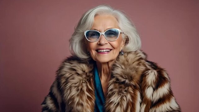 fashionable stylish elderly woman in fur coat

