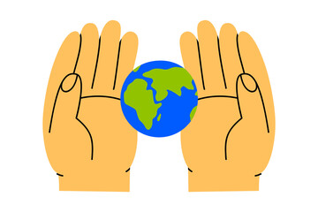 Hand drawn cute cartoon illustration of hands holding planet Earth in palms. Flat vector eco-friendly concept in doodle style. Ecology protection sticker, icon. Education or nature science. Isolated.