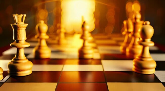 Close-up image of a golden king chess piece on a board, illuminated by warm light.