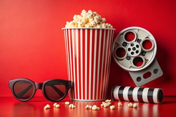 Vibrant red background features a movie camera, 3D glasses, and striped cups filled with popcorn, evoking the magic of a romantic film premiere experience.