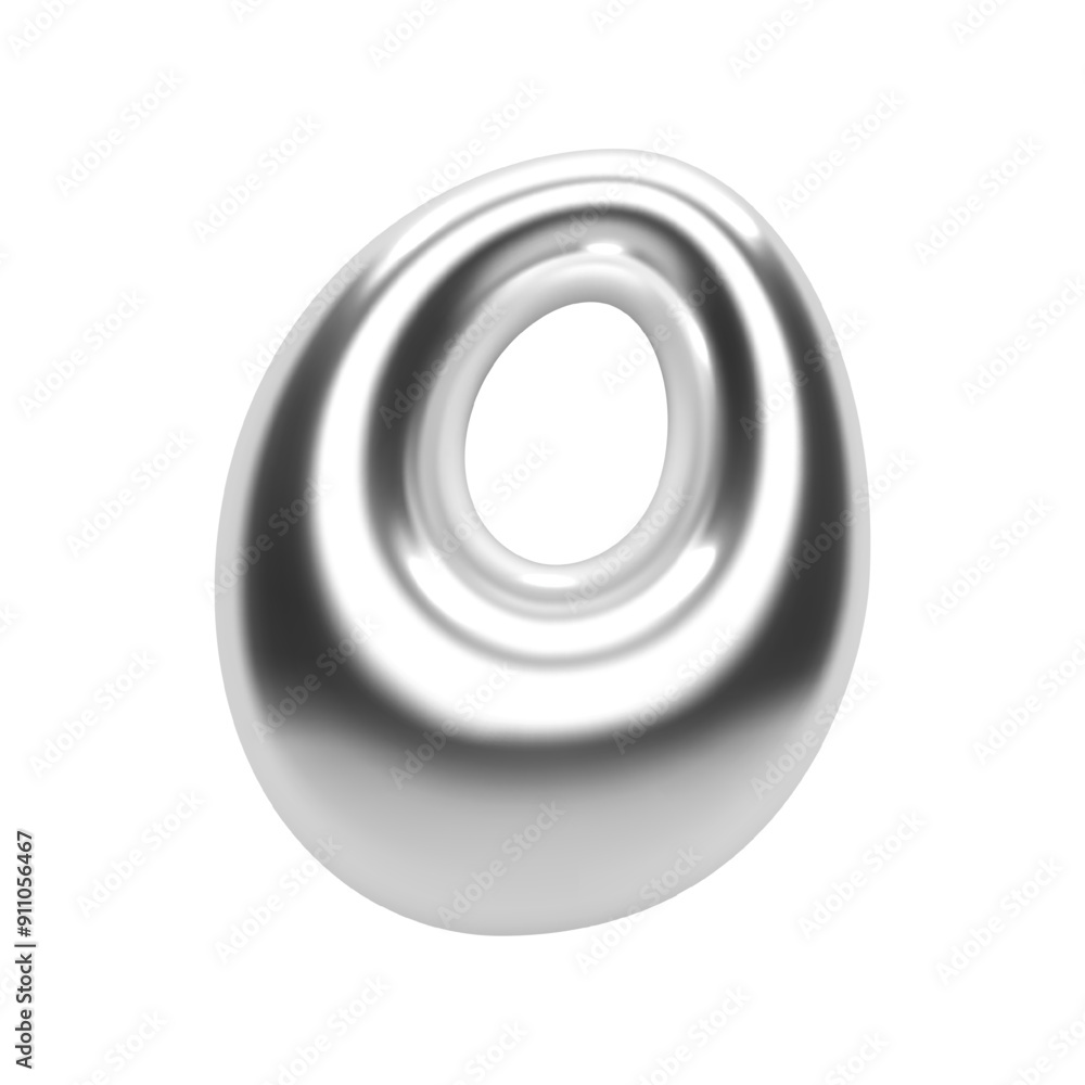 Poster 3d chrome letter o in futuristic y2k bubble style. inflated liquid metal form with shiny silver glos