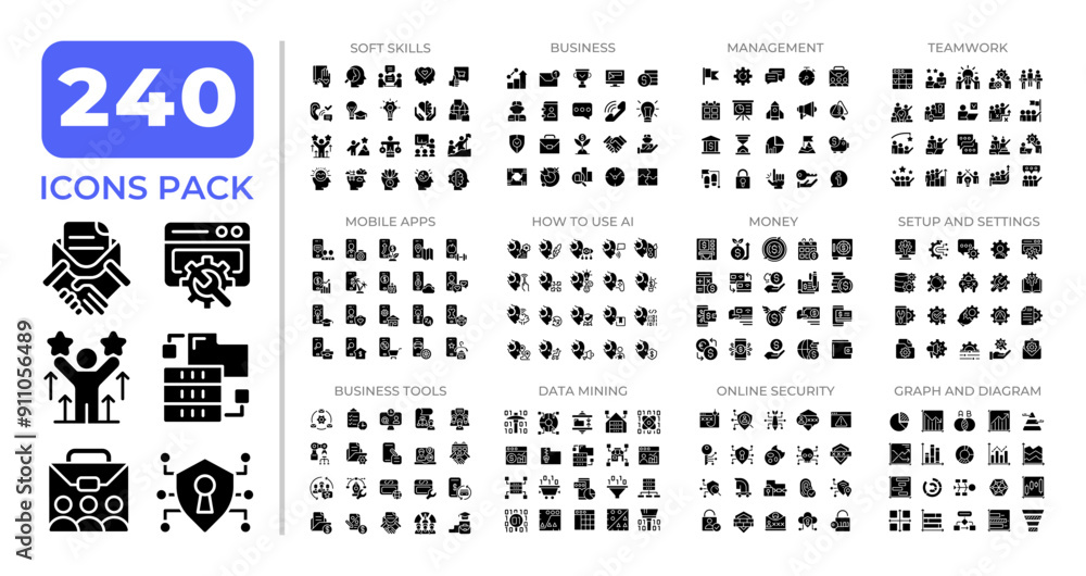 Wall mural IT business management glyphs icon set collection. AI, finance. Corporate soft skills, online security mega pack of black solid symbols, pixel perfect. Isolated vector illustrations. Editable stroke