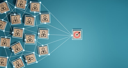 Red dartboard and black arrow connection linkage with human icon for customer focus target group...