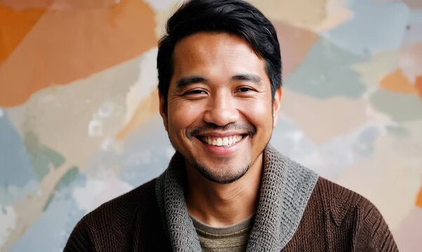 Portrait video of a cheerful Indonesian man in his 40s wearing a chic cardigan against an abstract background 