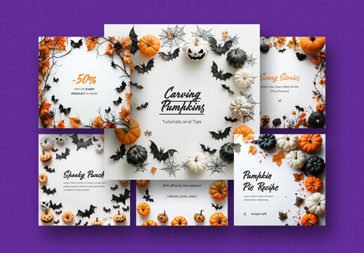 Social Media Posts With Halloween Decorations On The White Background, Generative ai