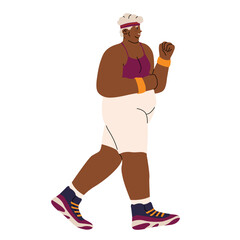 Elderly overweight woman jogging. Sports activity. Healthy lifestyle. Cardio workout. Running people in sportswear. Vector illustration for social advertising.