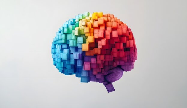 Brain made of cubes, white background, vibrant colors, hyper realistic in the style of unknown artist.