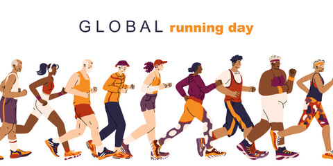 Banner for the global running day. People of different ages and genders jogging. Sports activity. Healthy lifestyle. Cardio workout. Vector illustration. June 5, summer sports festival.