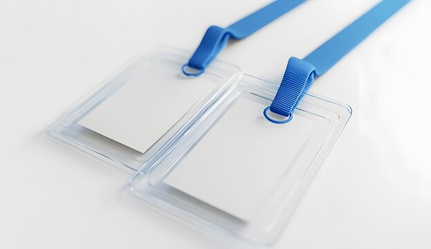 Two ID cards with blue lanyards hanging on a white background.