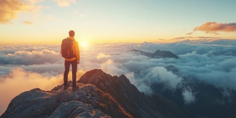 Fototapeta premium Man on Mountaintop at Sunrise, Looking at Horizon