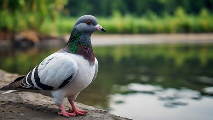 Obraz premium A Colorful Pigeon Standing Near Calm Water on a Sunny Day