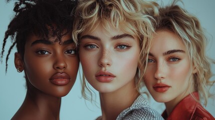 Obraz premium Three beautful fashion models of different races with natural makeup on their skin, white and black. Each one has a unique hairstyle and ethnicity Posing with a photo for advertising cosmetics in bei