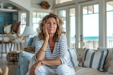 Obraz premium A woman in striped sweater sitting pensively on a couch in a bright, nautical-themed living room with large windows showing an ocean view, reflecting deep thoughts.