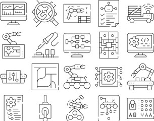 Automation Engineer Collection Icons Set Vector. Iron Solder Soldering Electronic Microcircuit And Remote Control, Robot And Rover Engineer Concept Linear Pictograms. Black Contour Illustrations
