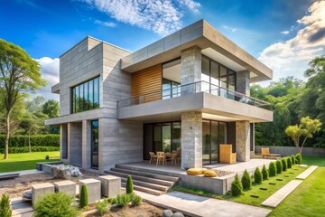 Modern two-story villa under construction with concrete block exterior, sleek design, and vibrant green surroundings, awaiting final touches.