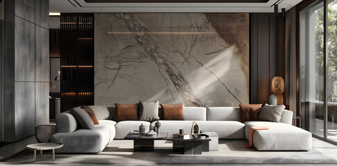 Modern Living Room Interior Design with Marble Wall 3D Illustration