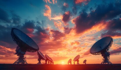 Obraz premium Satellite dishes against the sky at sunset, with colorful clouds in the background. A photo taken from behind several large radio telescope dishes.
