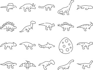 Dinosaur Wild Animal Collection Icons Set Vector. Spinosaurus And Arrhinoceratops, Ankylosaurus And Mosasaurus Prehistoric Dinosaur Concept Linear Pictograms. Black Contour Illustrations