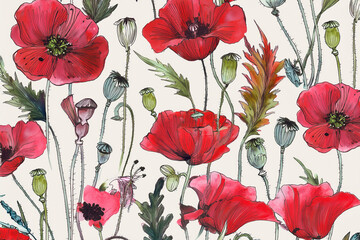 Set of watercolor red Flowers and green leaves - stock illustration