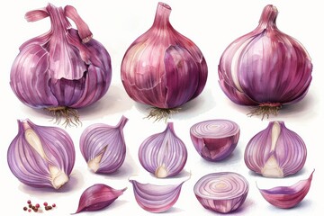Realistic illustration of red onions, highlighting the texture and natural beauty of the vegetable.
